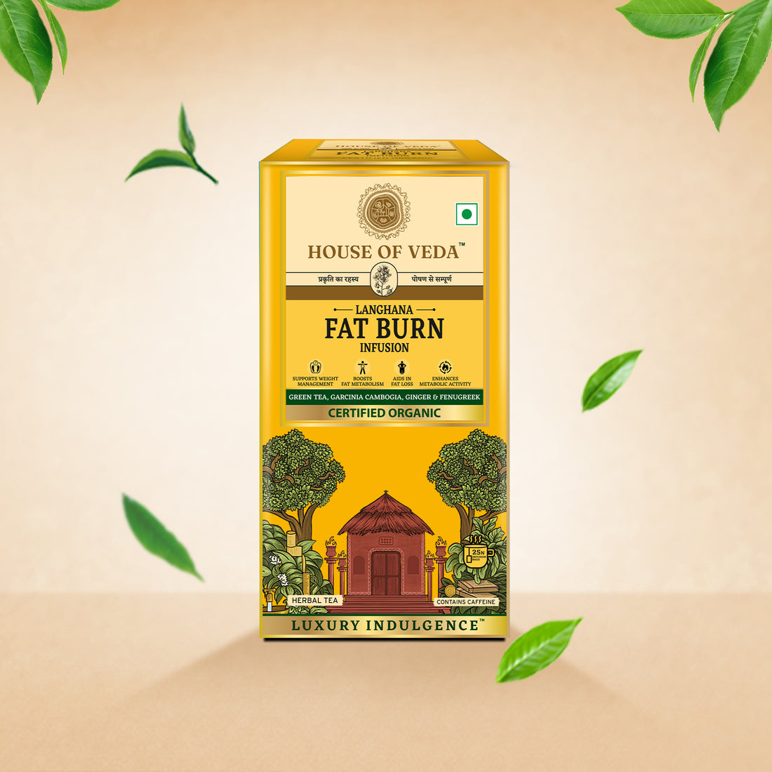 Box of House of Veda Langhana Fat Burn Infusion on a beige background with green leaves.