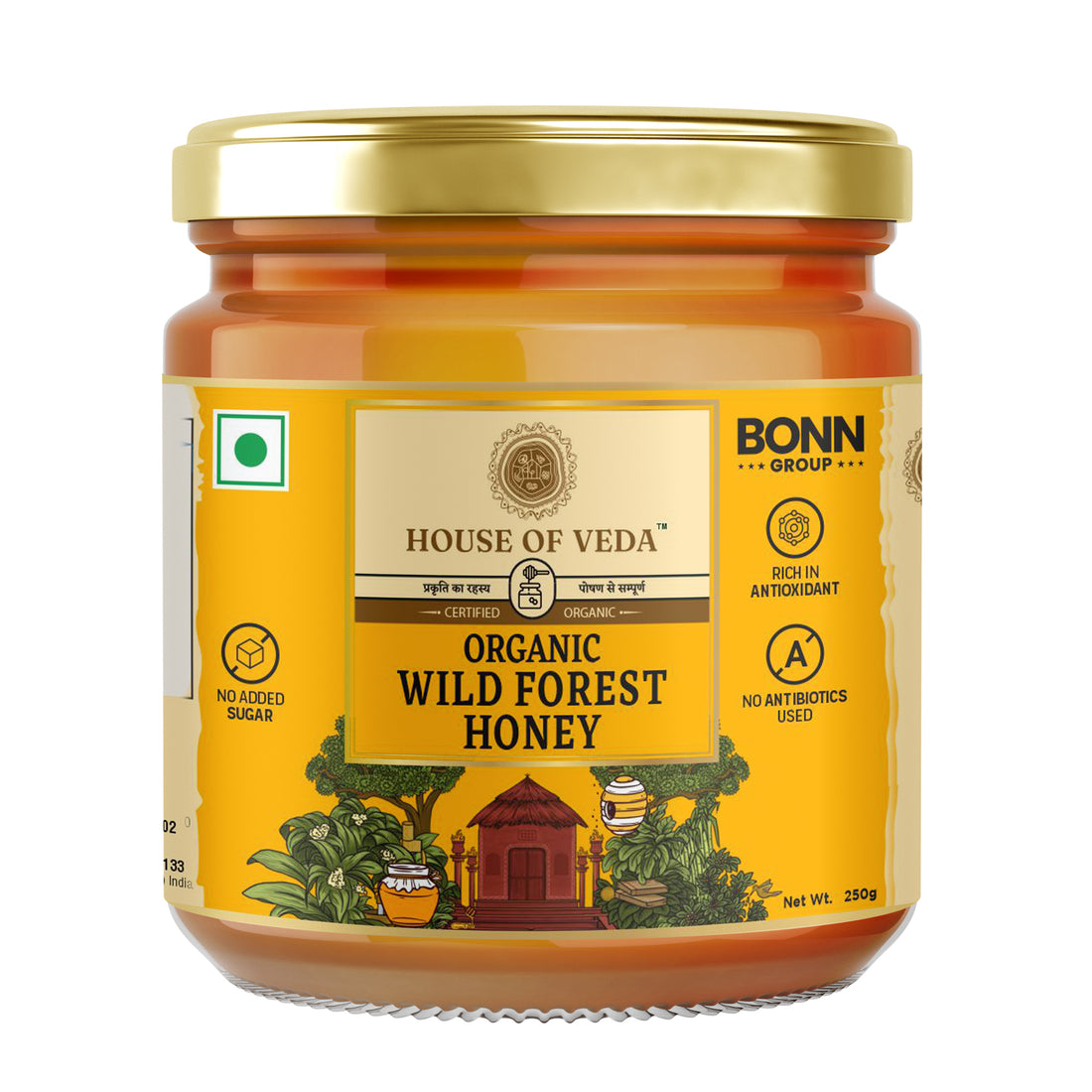A glass jar of House of Veda Organic Wild Forest Honey with a gold lid and a yellow label, shown on a plain white background.