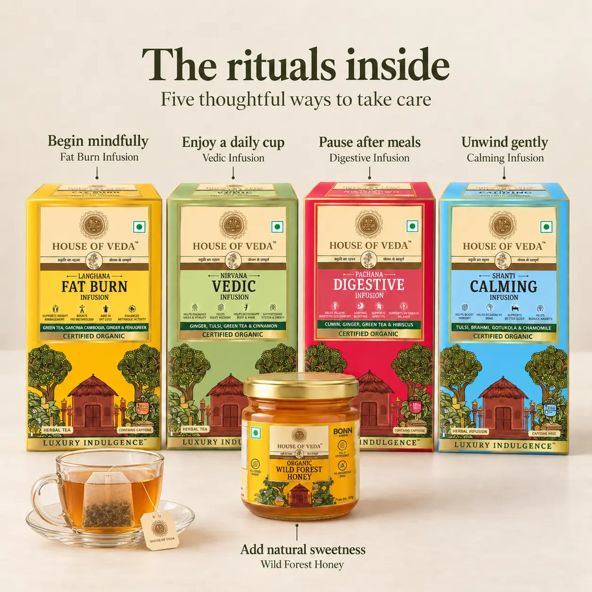 A promotional product graphic for House of Veda tea products on a light beige background with decorative text callouts. Four tea boxes in yellow, green, pink, and blue are shown, along with a glass of brewed tea and a jar of Wild Forest Honey.