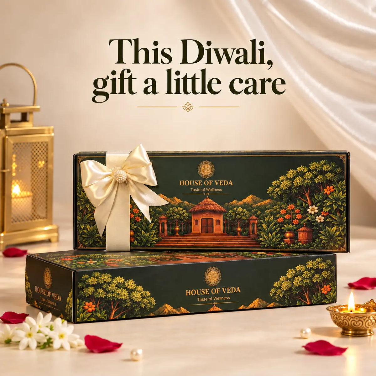 Two decorative product boxes for HOUSE OF VEDA incense are displayed on a draped cream fabric surface with warm ambient lighting. The boxes are dark green with illustrated floral and architectural scenes, one tied with a cream ribbon.